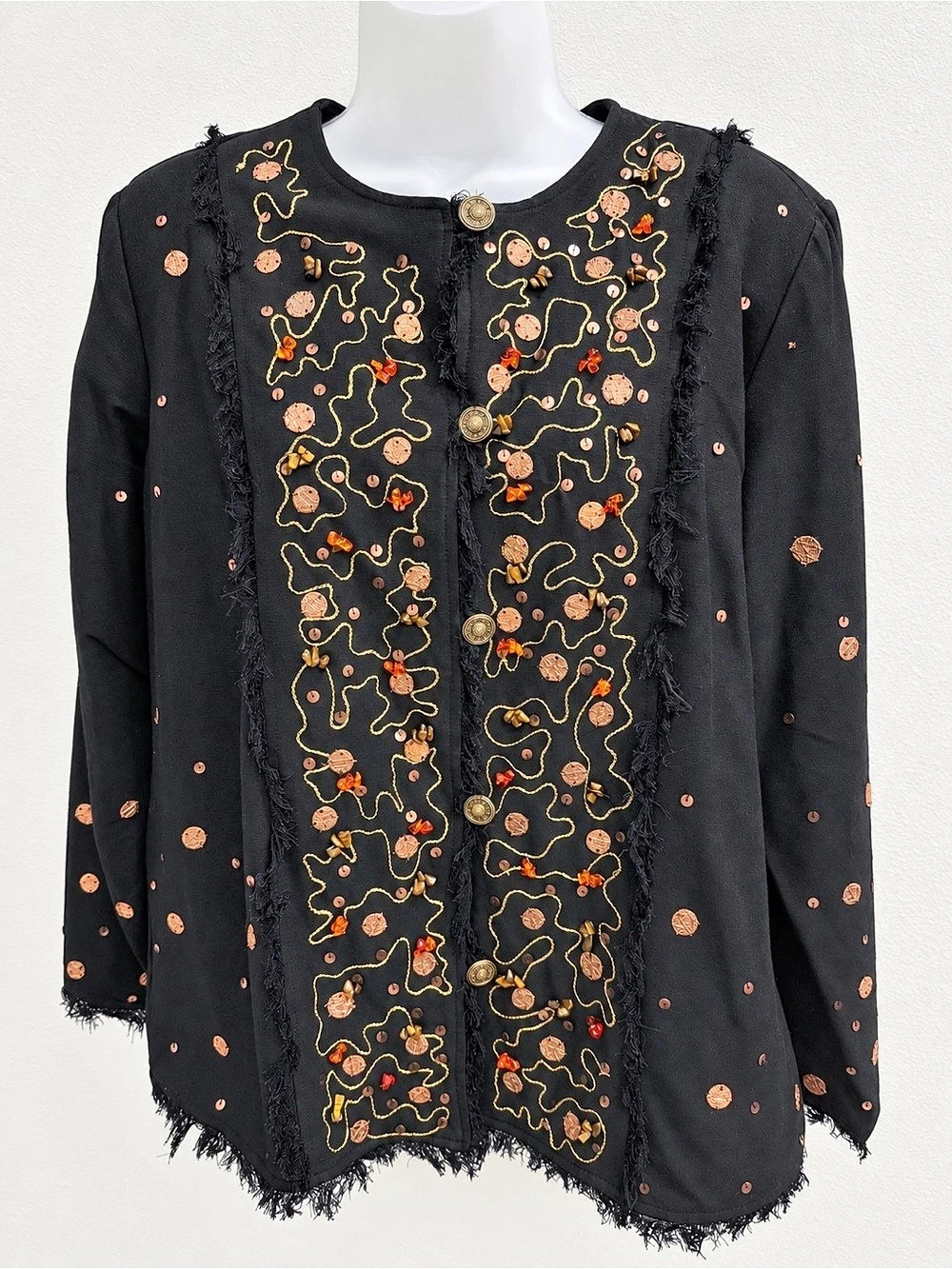 Indigo Moon Jacket Size L Embellished Black Boho Fringe Beaded